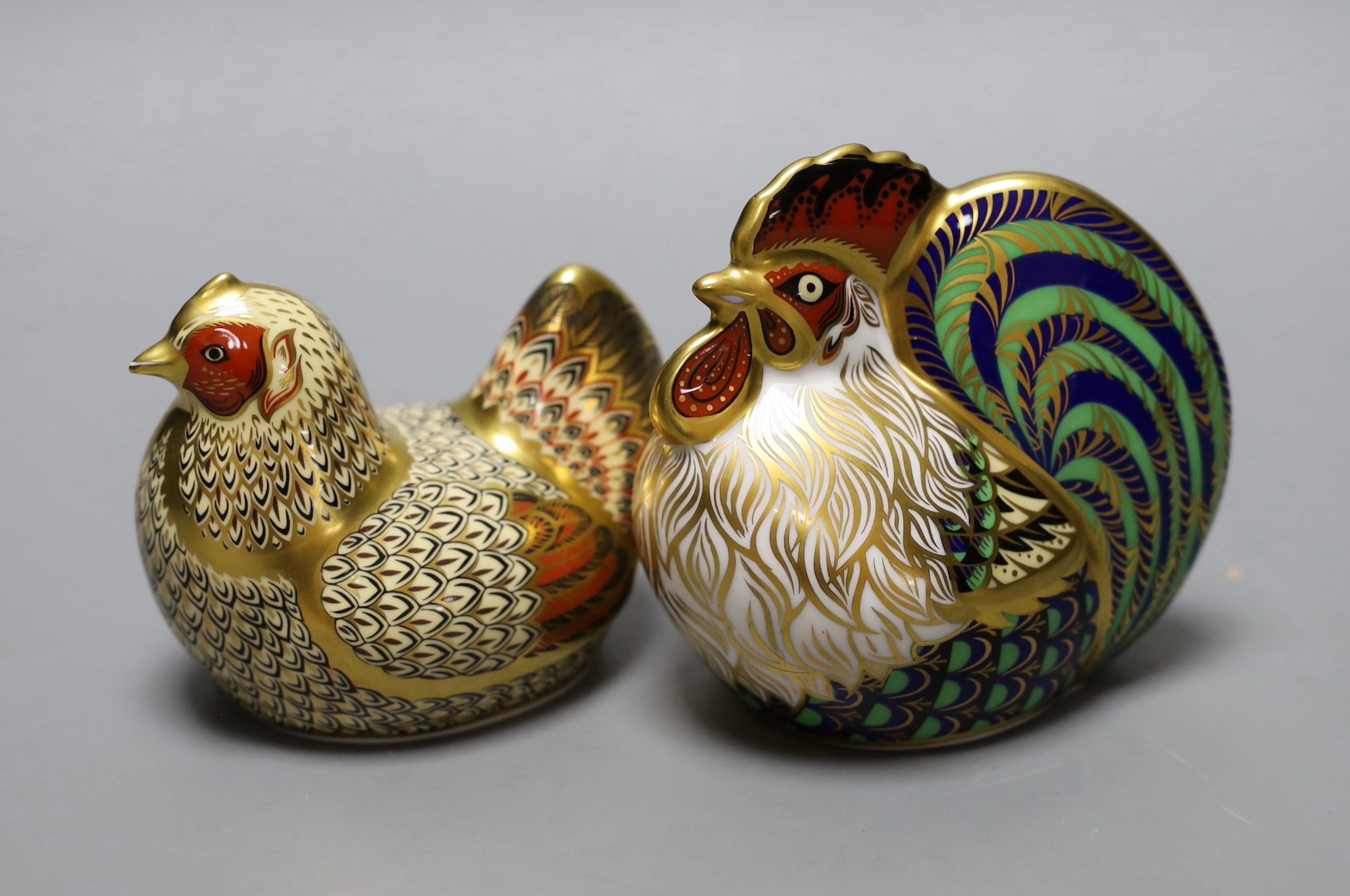 Two Royal Crown Derby paperweights - Farmyard Cockerel, gold stopper, boxed with certificate and Farmyard Hen, gold stopper, boxed with certificate